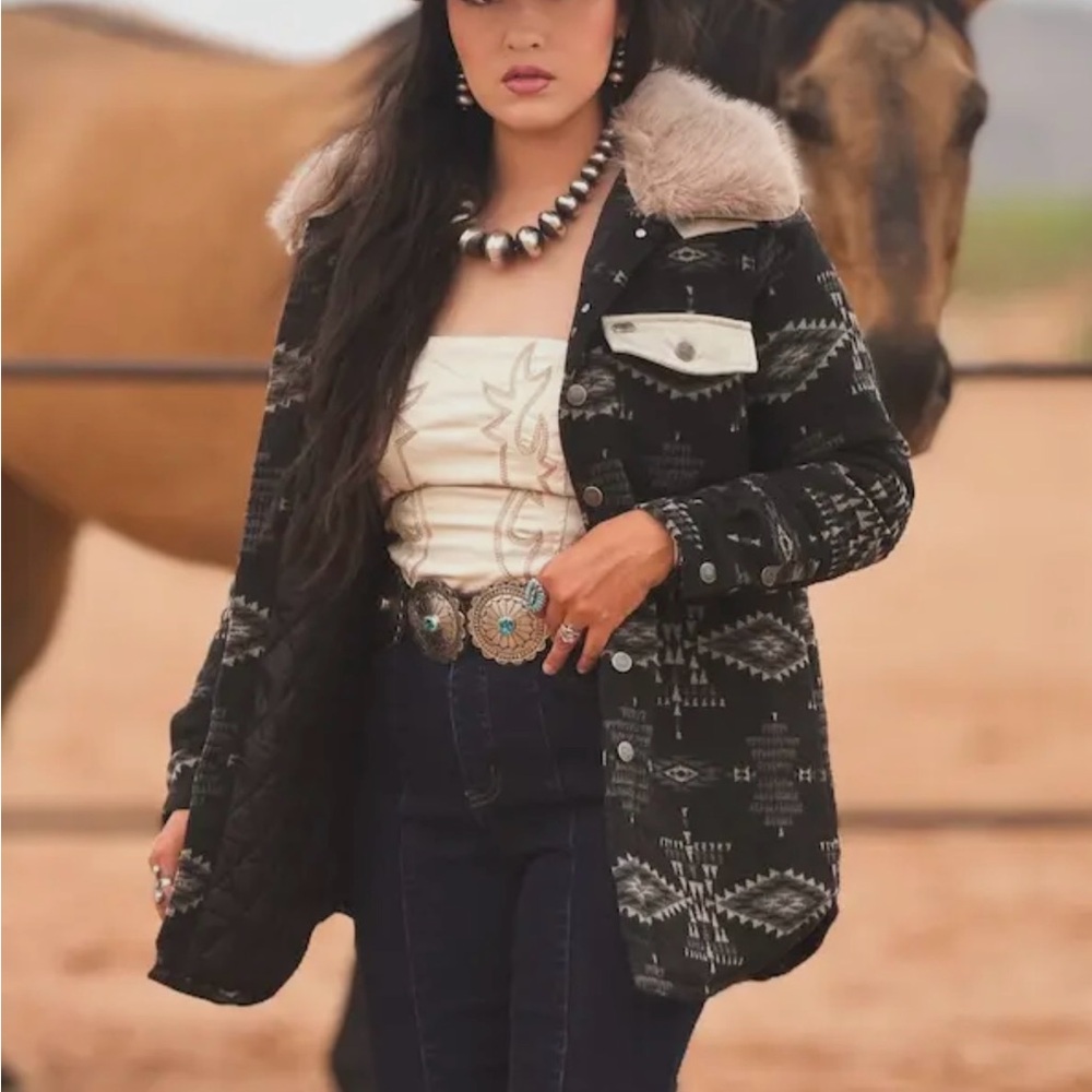 Women's Black Patterned Jacket with Removable Faux Fur Collar
